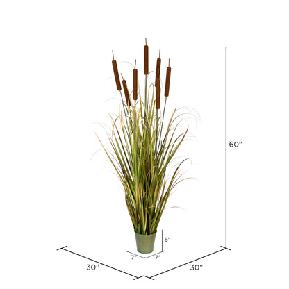 Vickerman 60" Artificial Potted Green Grass with Cattails.