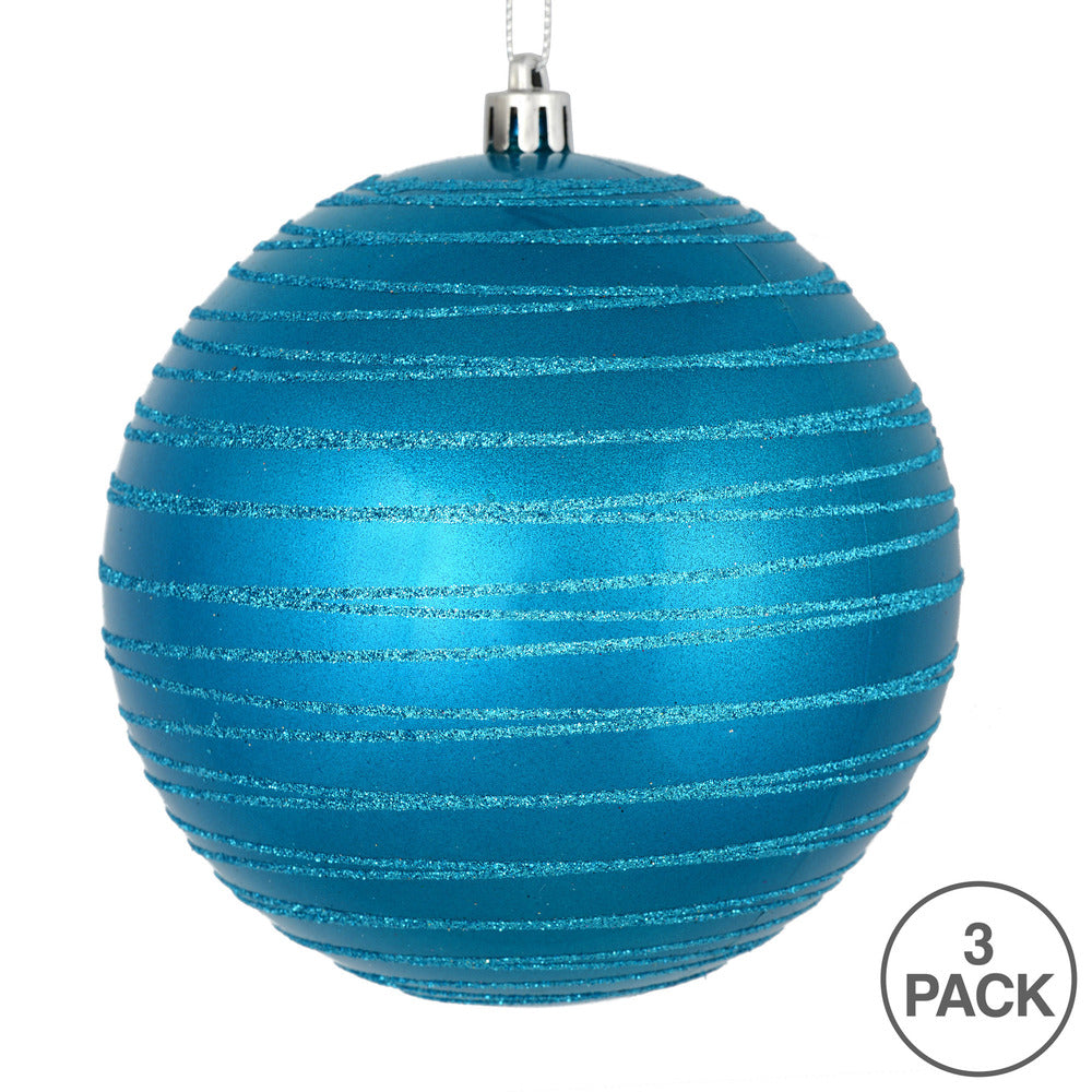 Vickerman 6" Turquoise Candy Finish Ball Ornament with Glitter Lines 3 per Bag
