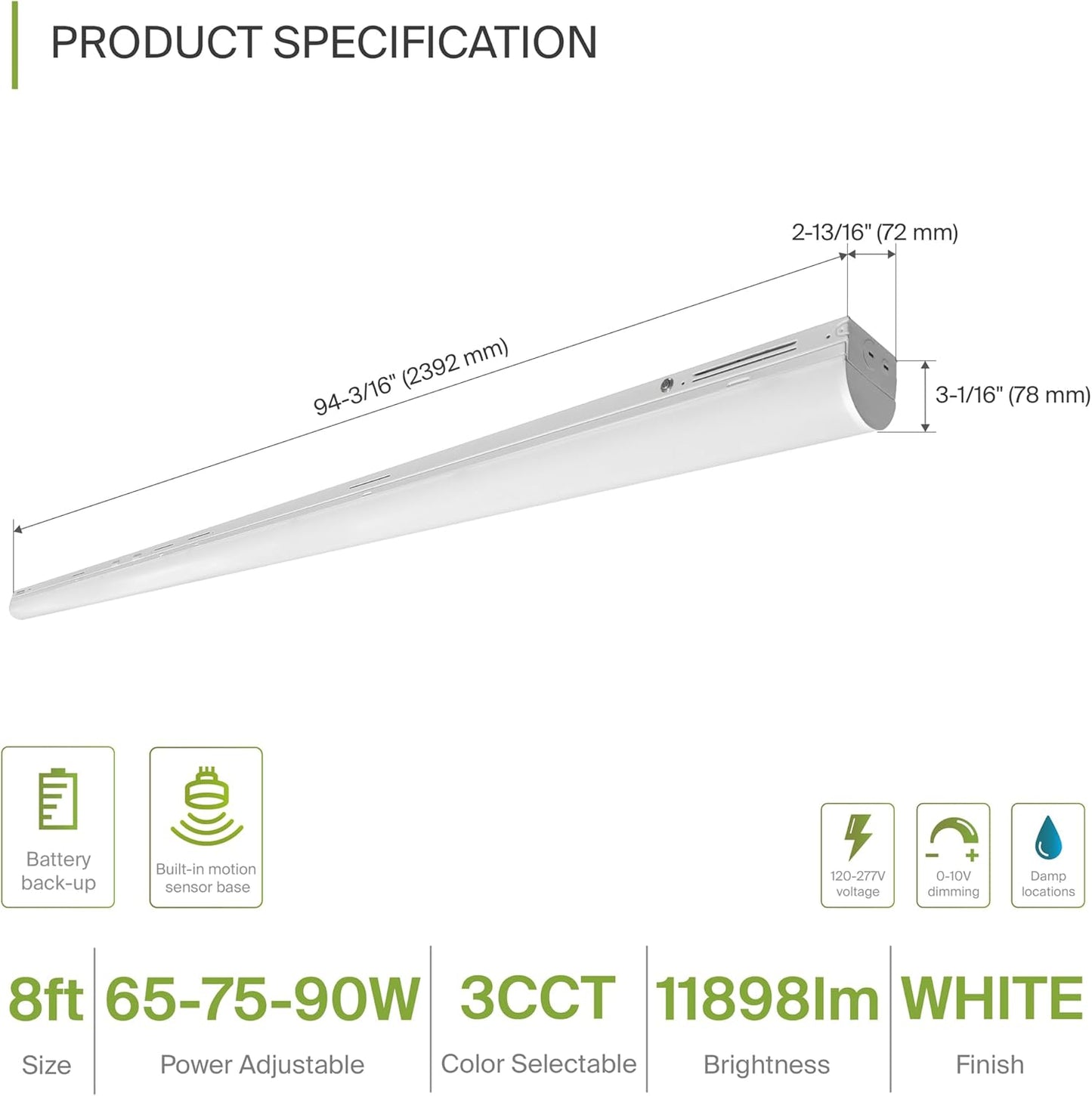 ASD Lighting LED Striplight Fixture with Q-base 8feet Power Adjustable 65/75/90W 120-277V CCT Selectable 3500/4000/5000K with Battery back-up 15W Dimmable White UL DLC Standard