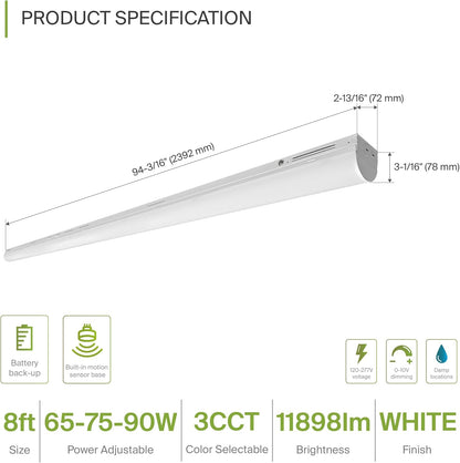 ASD Lighting LED Striplight Fixture with Q-base 8feet Power Adjustable 65/75/90W 120-277V CCT Selectable 3500/4000/5000K with Battery back-up 15W Dimmable White UL DLC Standard