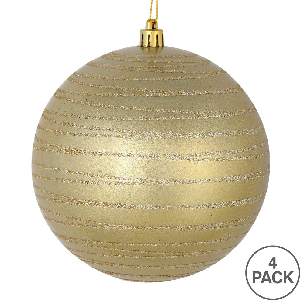 Vickerman 4" Champagne Candy Finish Ball Ornament with Glitter Lines 4 per Bag