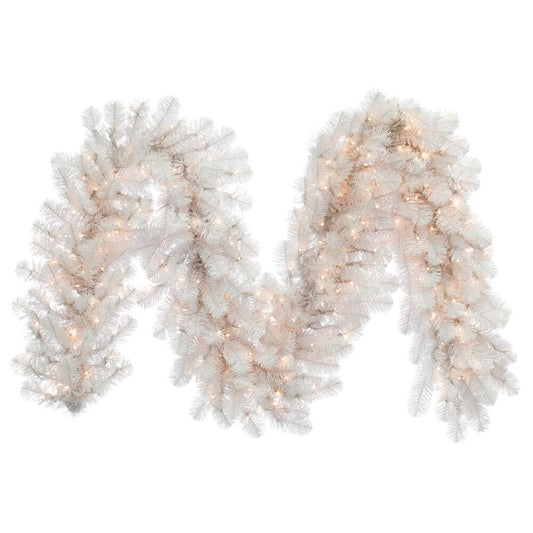 Vickerman 9' x 14" White Artificial Christmas Garland Warm White LED 3MM 8 Function Lights