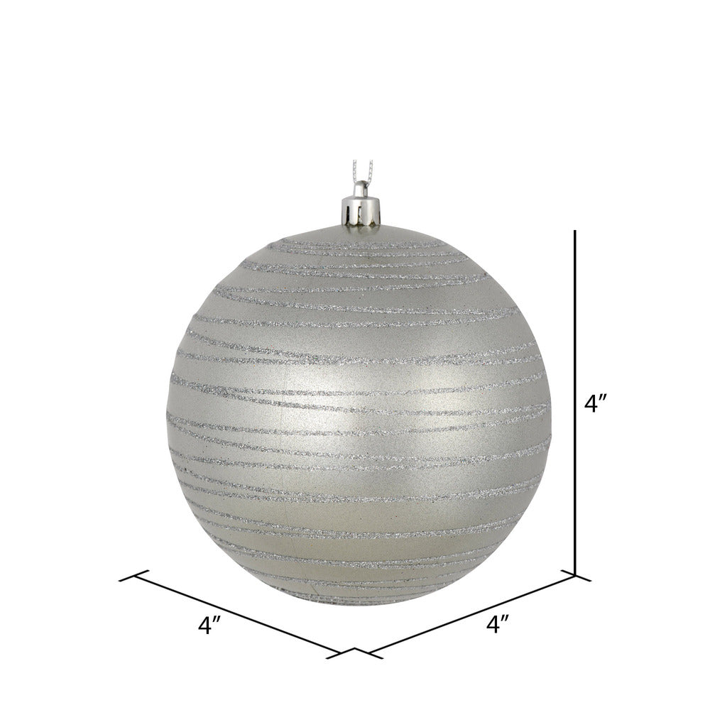 Vickerman 4" Silver Candy Finish Ball Ornament with Glitter Lines 4 per Bag