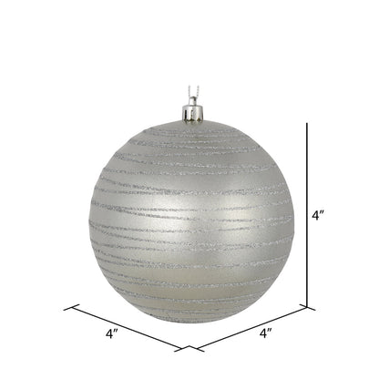 Vickerman 4" Silver Candy Finish Ball Ornament with Glitter Lines 4 per Bag