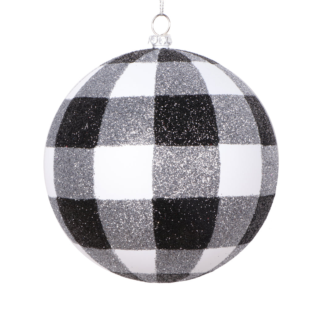 Vickerman 4.7" White Black Plaid Glitter Ball Ornament 3 per bag.