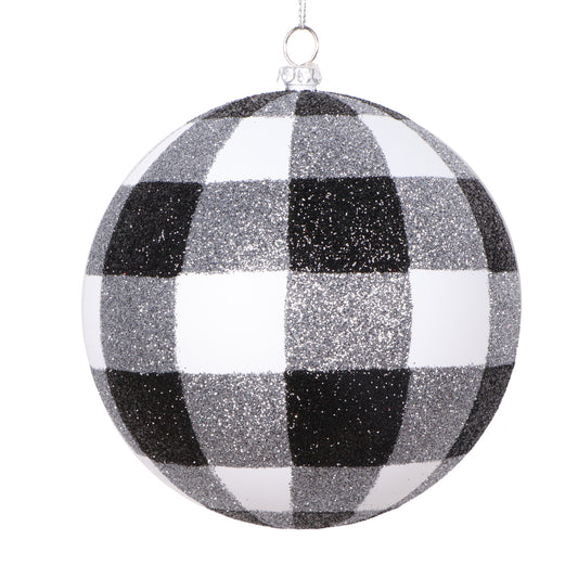 Vickerman 4.7" White Black Plaid Glitter Ball Ornament 3 per bag.