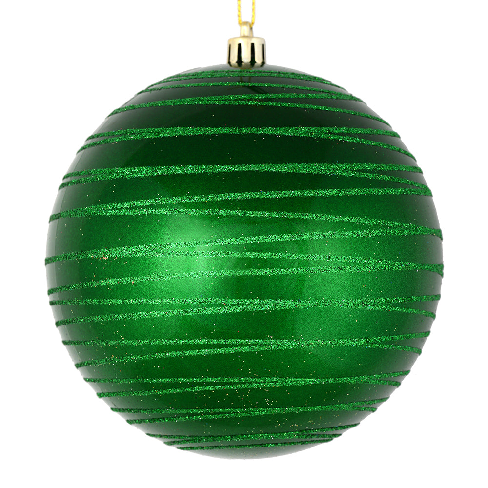 Vickerman 4" Green Candy Finish Ball Ornament with Glitter Lines 4 per Bag