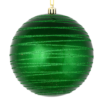 Vickerman 4" Green Candy Finish Ball Ornament with Glitter Lines 4 per Bag