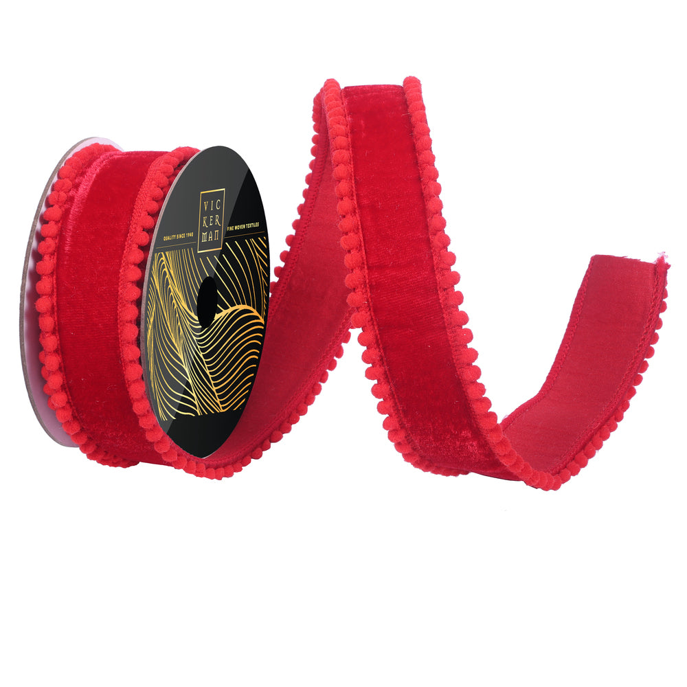 Vickerman 1.5" x 10yd Red Velvet Wired Ribbon with Red Pom Pom Trim. Red Dupion Backing