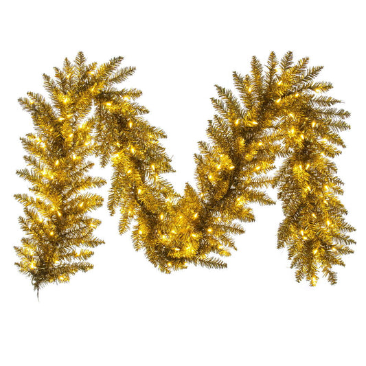 Vickerman 9' x 14" Gold Tinsel Artificial Garland with Warm White LED Lights.