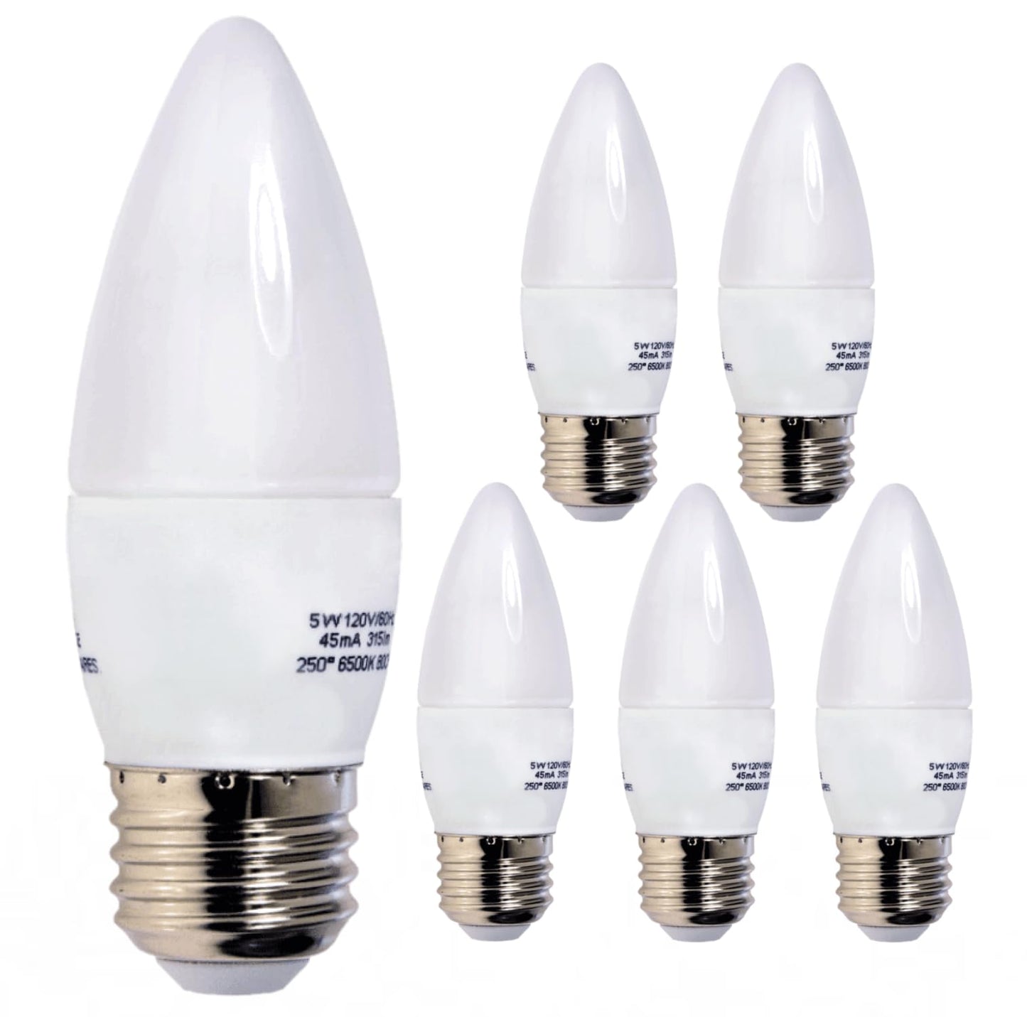 Damar- LED B11 Chandelier Light Bulb ETF Torpedo Tip 5W 315 Lumen 6500K Daylight E26 Medium Base Pack of 6- Decorative Candelabra Candle Frosted Lamp for Ceiling Fan Bedroom Living Room Kitchen