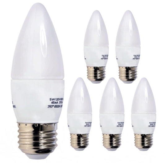 Damar- LED B11 Chandelier Light Bulb ETF Torpedo Tip 5W 315 Lumen 6500K Daylight E26 Medium Base Pack of 6- Decorative Candelabra Candle Frosted Lamp for Ceiling Fan Bedroom Living Room Kitchen