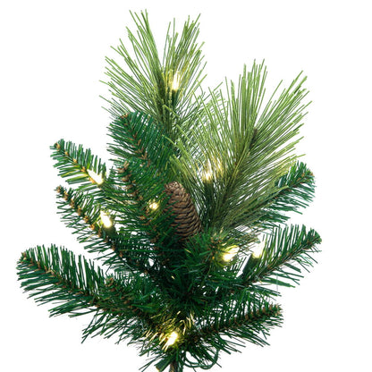 Vickerman 9' x 36" Slim Emerald Mixed Fir Artificial Pre-Lit Christmas Tree with 700 Dura-Lit® Warm White LED Mini Lights and 1620 Realistic Mixed Fir Tips.  The tree features Dura-Lit® technology ensuring that if one bulb goes out, the rest stay lit. The