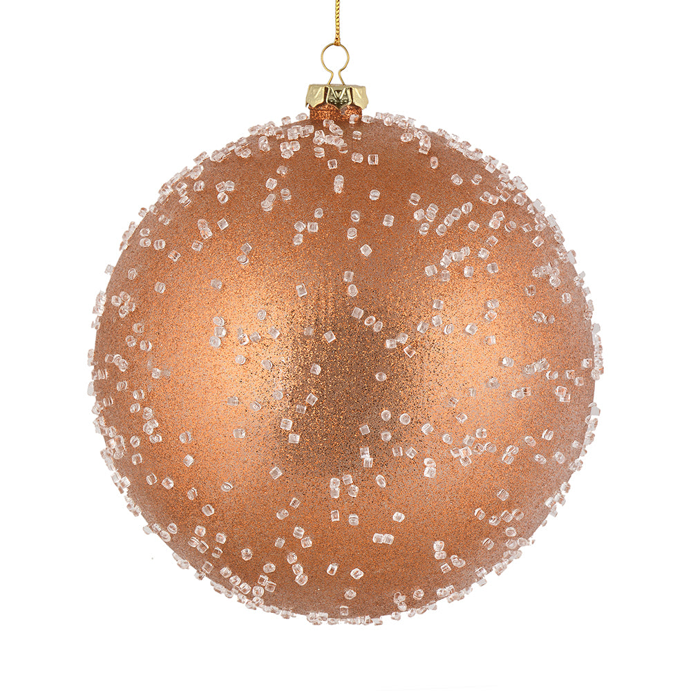 Vickerman 8" Rose Gold Ice Ball Ornament. This textured ornament has a rough and icy look with a hint of delicate sparkle. Incorporate these ornaments into your holiday design for added texture. Includes 2 pieces per pack. Made with shatterproof plastic.