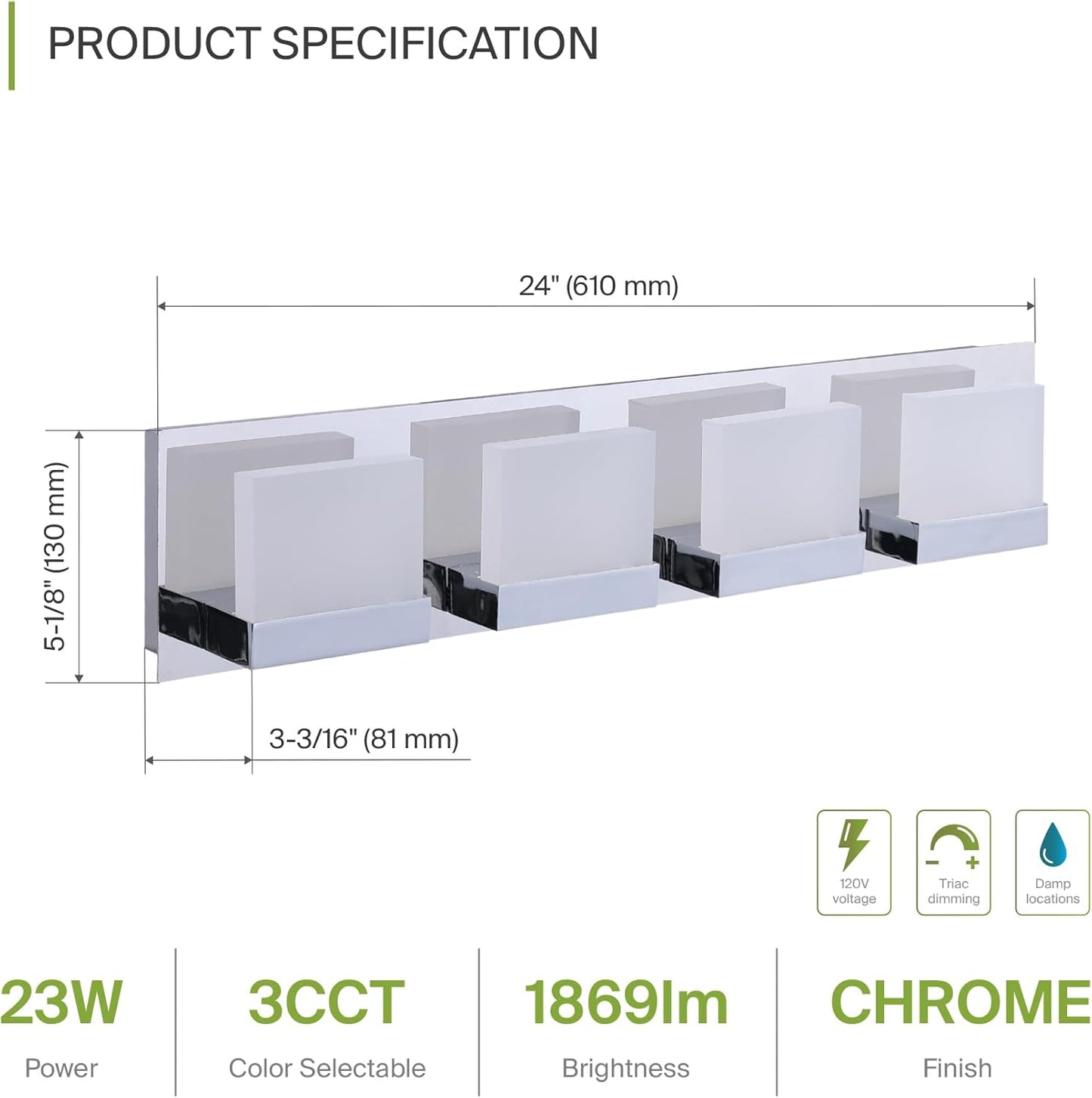 ASD Lighting LED Vanity 4-light 23W 120V Triac 3000/4000/5000K Chrome ETL