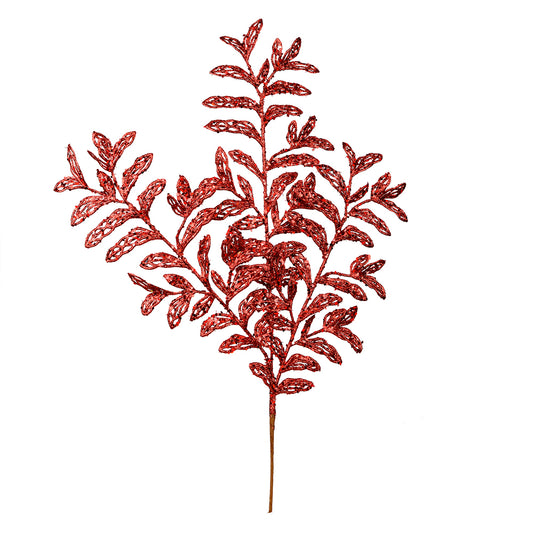 Vickerman 22" Red Bipinnate Glitter Leaf Artificial Christmas Spray. Includes 12 sprays per pack.