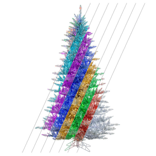 Vickerman 7.5' x 53" Silver Full Artificial Pre-Lit Christmas Tree with 747 Wide Angle 5mm 32 Function Remote Controlled RGB LED Mini Lights. It measures 90 inches tall, and 53 inches wide, which is considered a Full profile. This tree boasts 1634 tips fo
