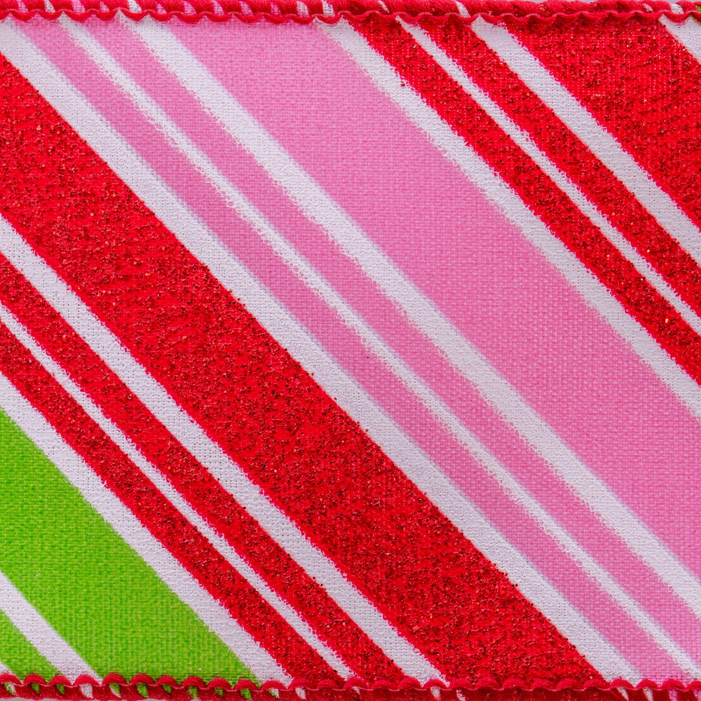 Vickerman 2.5" x 10 Yards Red Green Pink Glitter Stripe Ribbon.