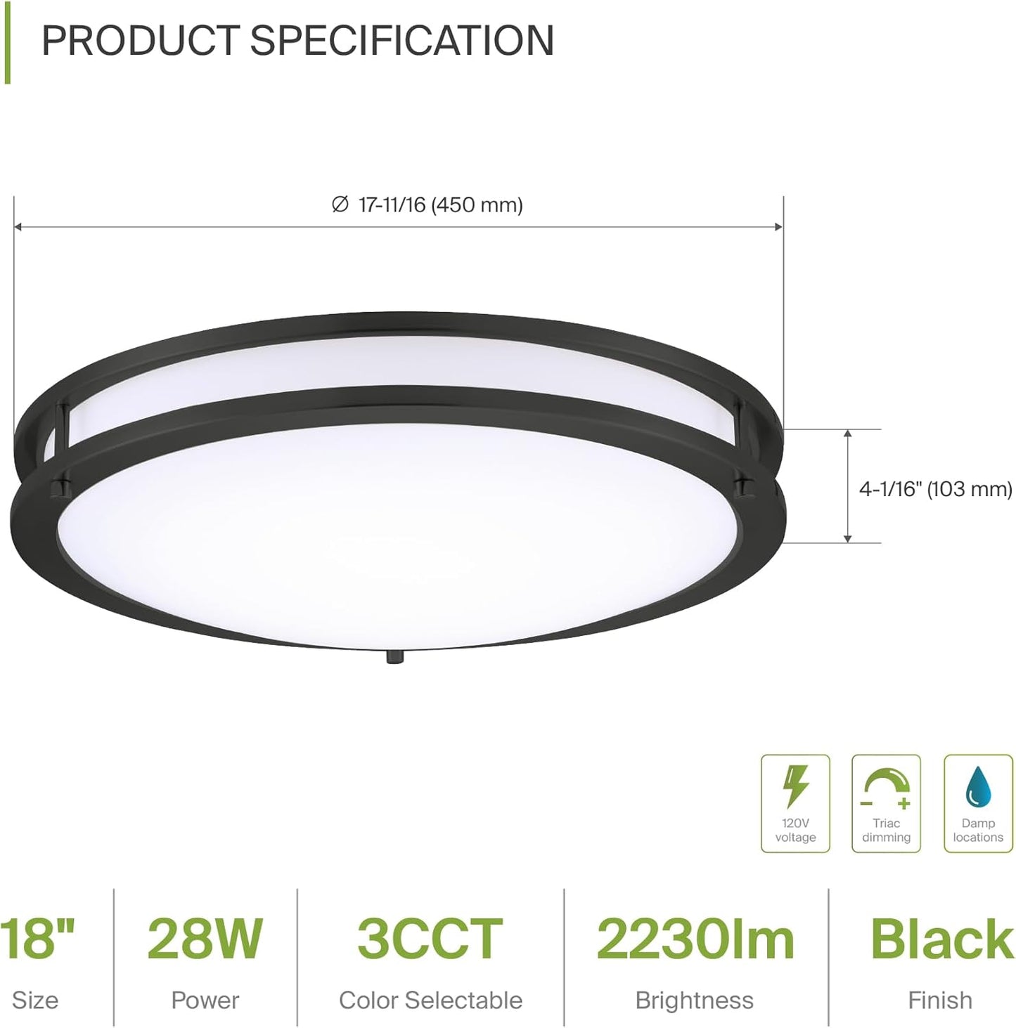 ASD LED Double Ring Flushmount 18" 28W 120V CCT Selectable 3000/4000/5000K Dimmable Black ETL Energy Star