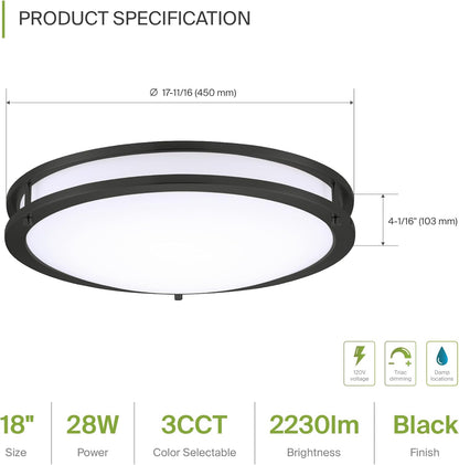 ASD LED Double Ring Flushmount 18" 28W 120V CCT Selectable 3000/4000/5000K Dimmable Black ETL Energy Star