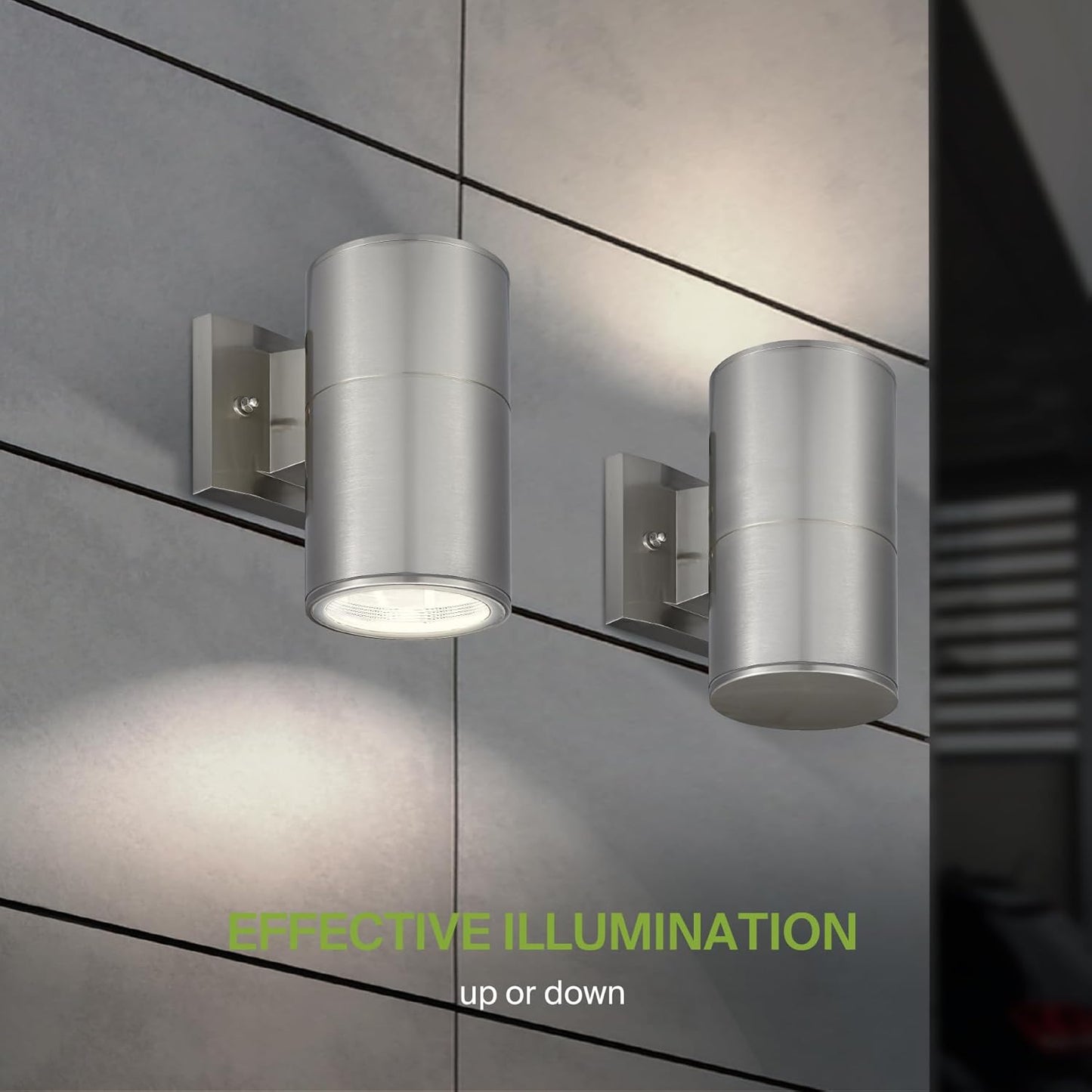 ASD Lighting BULB Round Outdoor Wall Cylinder, Up Or Downlight Fixture, 120V, 6.38Wide, 50°, 60W Max, Stainless Steel Finish