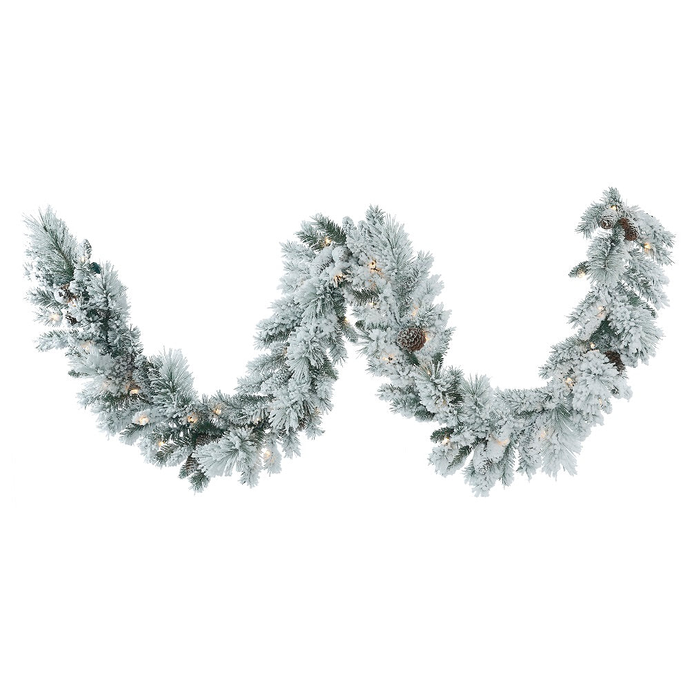 Vickerman 9' Flocked Ashton Pine Artificial Christmas Garland Warm White Dura-lit LED Mini Lights