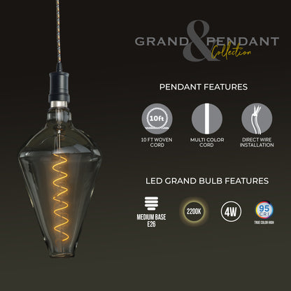 Bulbrite LED Grand Bulb and Pendant Kit of (1) 4 Watt Clear Glass 15" Diamond Shaped Bulb and (1) Black Open Socket Pendant on Multicolor Fabric Braided Cord - 2200K (Amber Light)