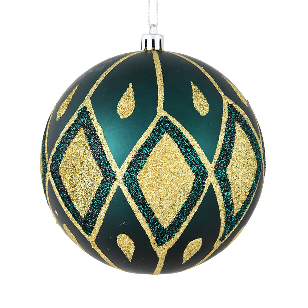 Vickerman 6" Sea Blue Matte Ball with Glitter Diamond Pattern. Add variety and sparkle to your holiday arrangement with this matte ornament that features a glitter pattern. Includes 3 pieces per bag. Made with shatterproof plastic. Ornament has a drilled