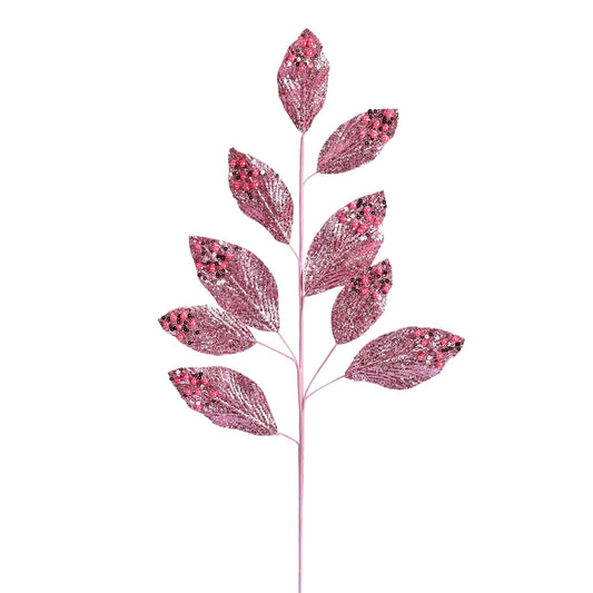 Vickerman 29" Pink Glitter Leaf Artificial Christmas Spray. Includes 6 sprays per pack.
