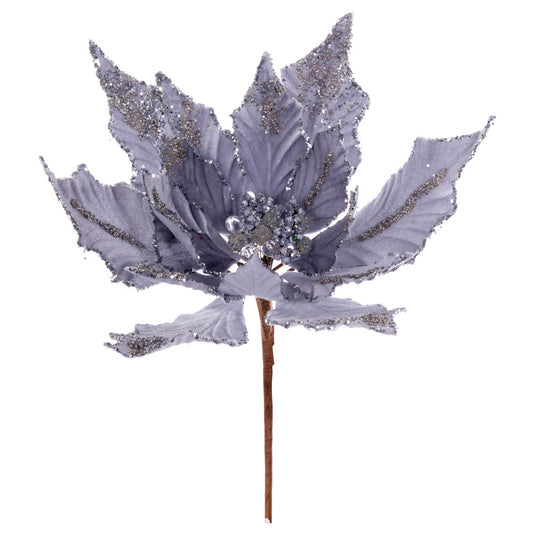 Vickerman 14" Artificial Silver Double Sided Velvet Poinsettia Christmas Pick