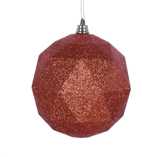 Vickerman 8" Burnished Orange Geometric Ball Ornament Featuring a Glitter Finish.