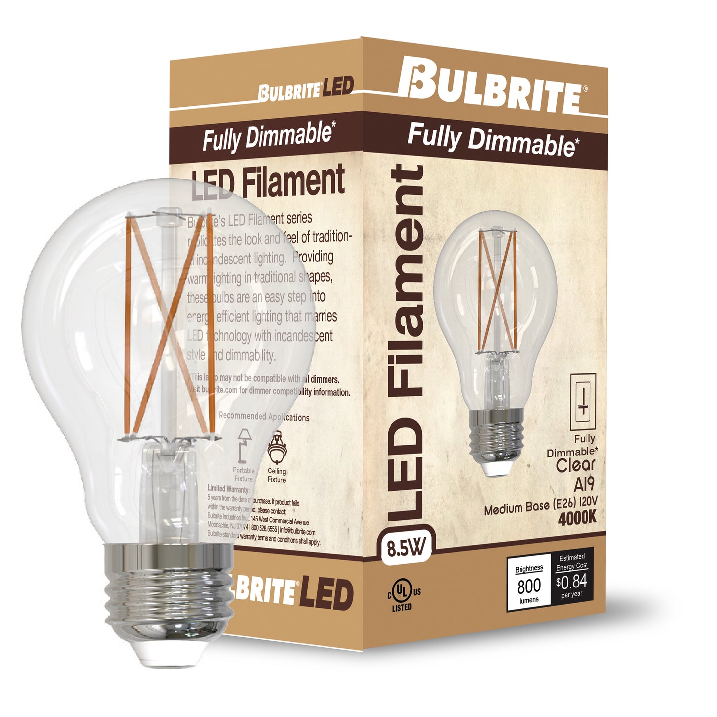 Bulbrite 8.5W LED A19 LIGHT BULB 4000K COOL WHITE FILAMENT, E26 MEDIUM SCREW BASE, DIMMABLE JA8 4PK