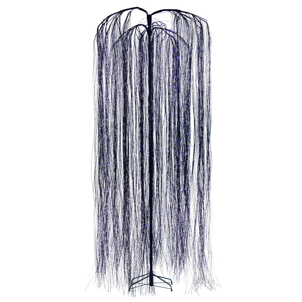 Vickerman 10' x 45" Black Willow Twig Artificial Pre-Lit Halloween Tree with 374 Purple and Orange LED Dot Lights. It measures 120 inches tall, and 45 inches wide, with the branches shaped about parallel to the floor. Pre-lit with 374 Dot LED Lights, the