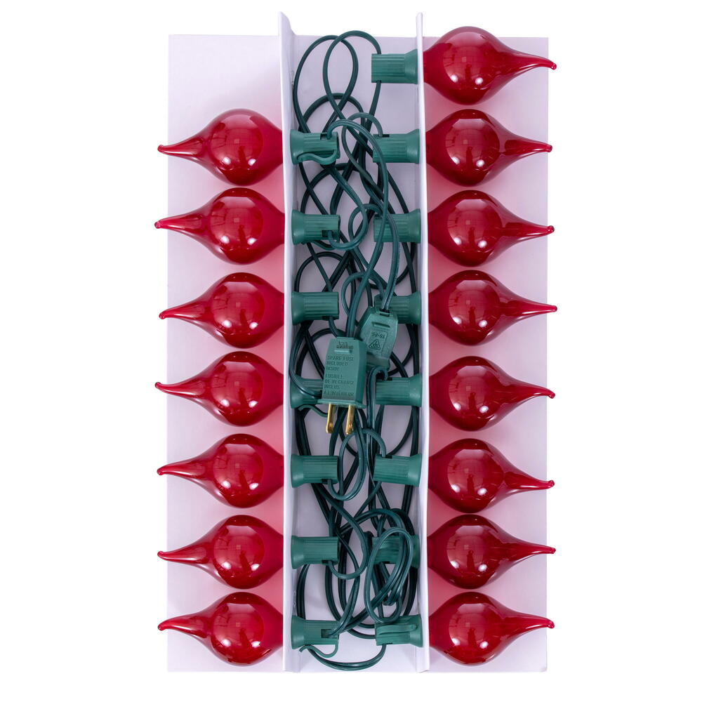 Vickerman 15 lights x 15' Red LED G45 Glass Flame Tip light set. 6" spacing on green wire.