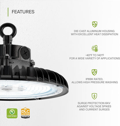 ASD Lighting LED UFO High Bay with Q-base Power Adjustable 200/240/300W 120-277V CCT Selectable 3000/4000/5000K Dimmable Black UL DLC Premium