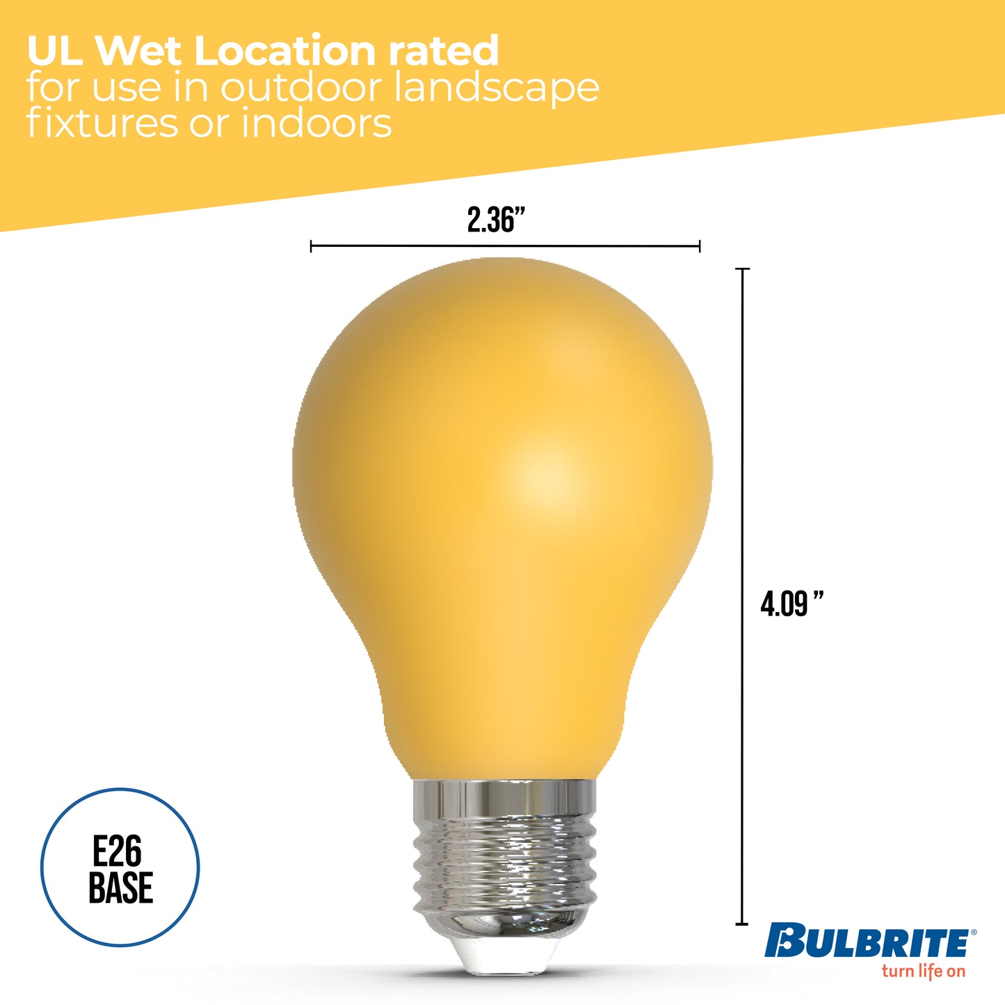 Bulbrite 776107 25-Watt Equivalent Ceramic Yellow Color A19 Weatherproof Outdoor E26 Medium Base LED Light Bulb