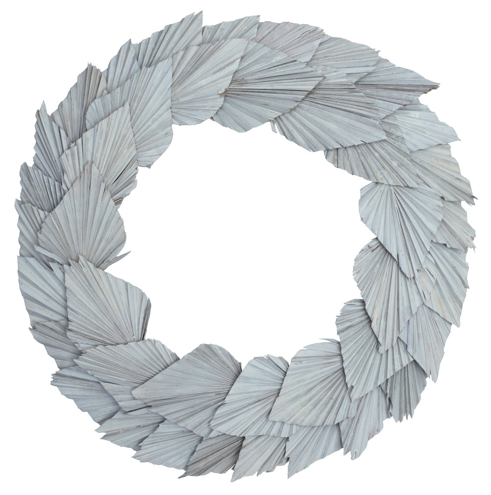Vickerman Natural Botanicals 24" White Washed Palm Spear Wreath. This wreath measures 24 inches in diameter. It features white washed palm spear leaves on a coco fiber base. This is a dried and preserved natural product.