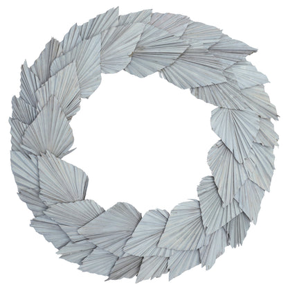 Vickerman Natural Botanicals 24" White Washed Palm Spear Wreath. This wreath measures 24 inches in diameter. It features white washed palm spear leaves on a coco fiber base. This is a dried and preserved natural product.
