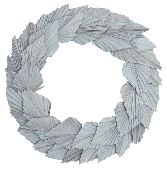 Vickerman Natural Botanicals 24" White Washed Palm Spear Wreath. This wreath measures 24 inches in diameter. It features white washed palm spear leaves on a coco fiber base. This is a dried and preserved natural product.