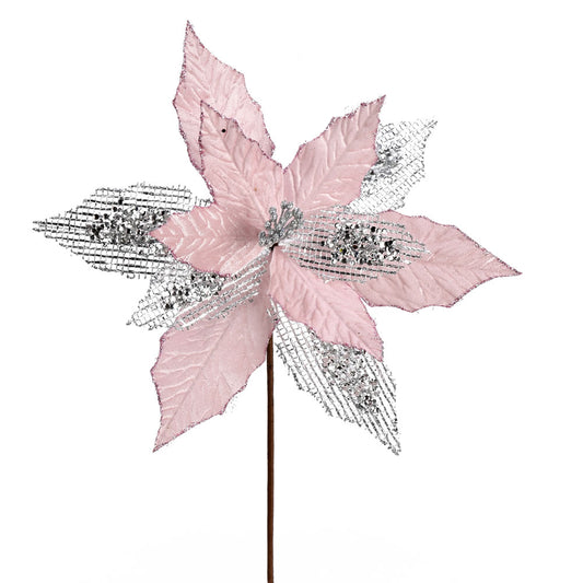 Vickerman 13" x 23" Pink Poinsettia Mesh Glitter Artificial Christmas Spray. Includes 6 sprays per pack.