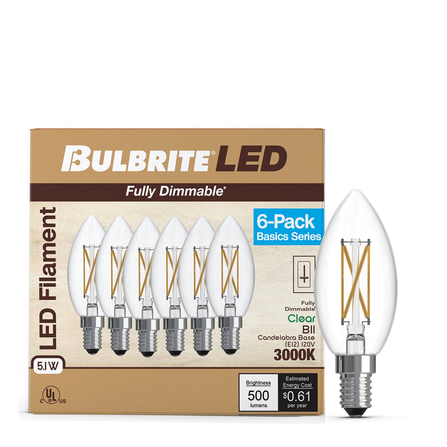 Bulbrite 776233 LED Filament Pack of 6, 5.1 Watt Dimmable B11 Light Bulb with Clear Finish and Candelabra Screw E12 Base - 3000K(Soft White Light), 500 lumens