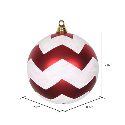 Vickerman 8" Red and White Matte Chevron Ball Christmas Ornament with Glitter Accents