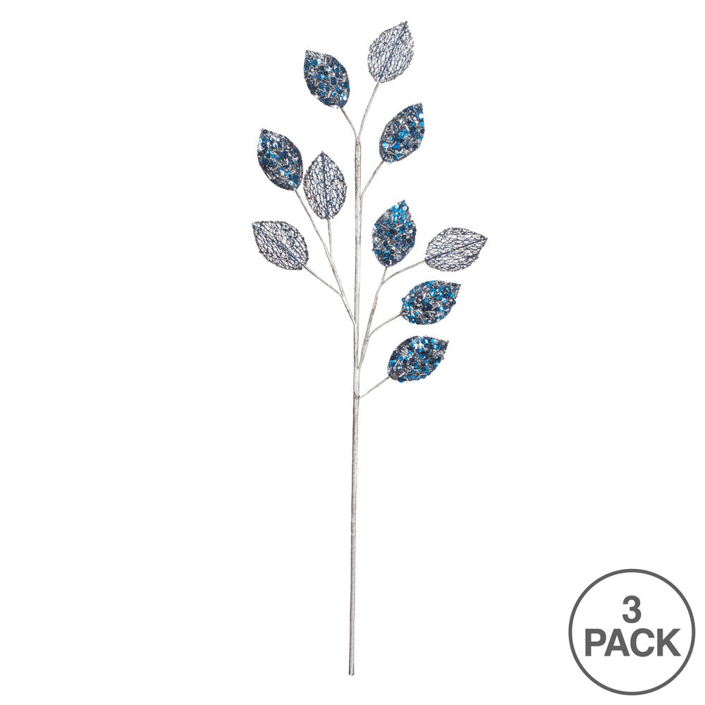 Vickerman 20" Blue Glitter Plum Leaf Artificial Christmas Spray. Includes 3 sprays per pack.