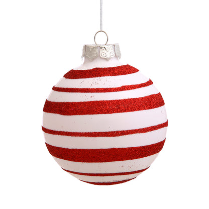 Vickerman 3" White and Red Glitter Stripe Ball Ornament 4 per Box