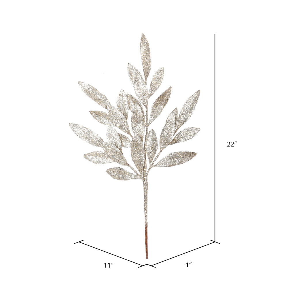 Vickerman 22" Champagne Glitter BayLeaf Artificial Christmas Spray. Includes 12 sprays per pack.