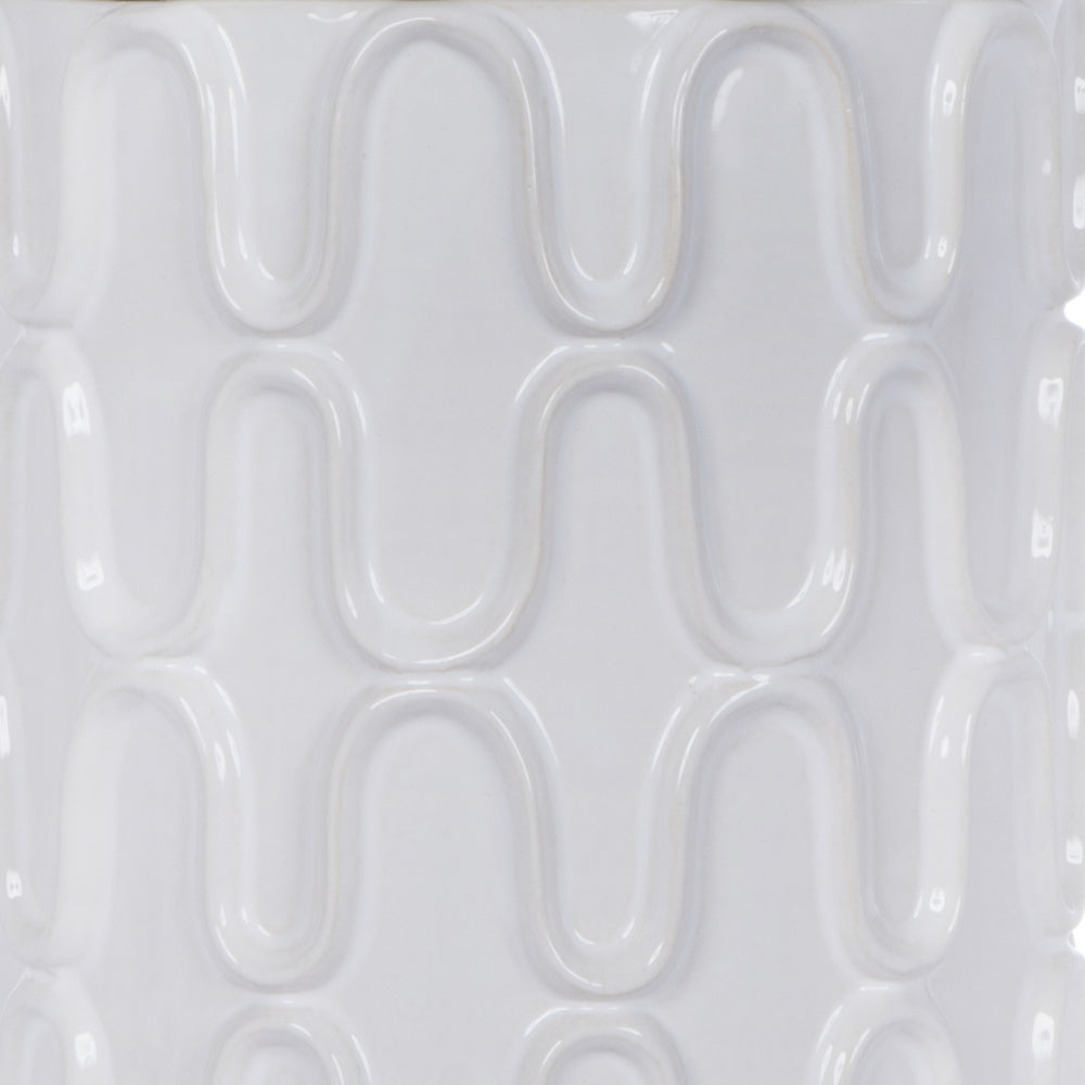 Vickerman 12" White Ceramic Container with Lid. This versatile container can pair with faux floral stems or stand as a simple decorative piece with the lid. It measures 12" H x 6.5" W.   100% CERAMIC
