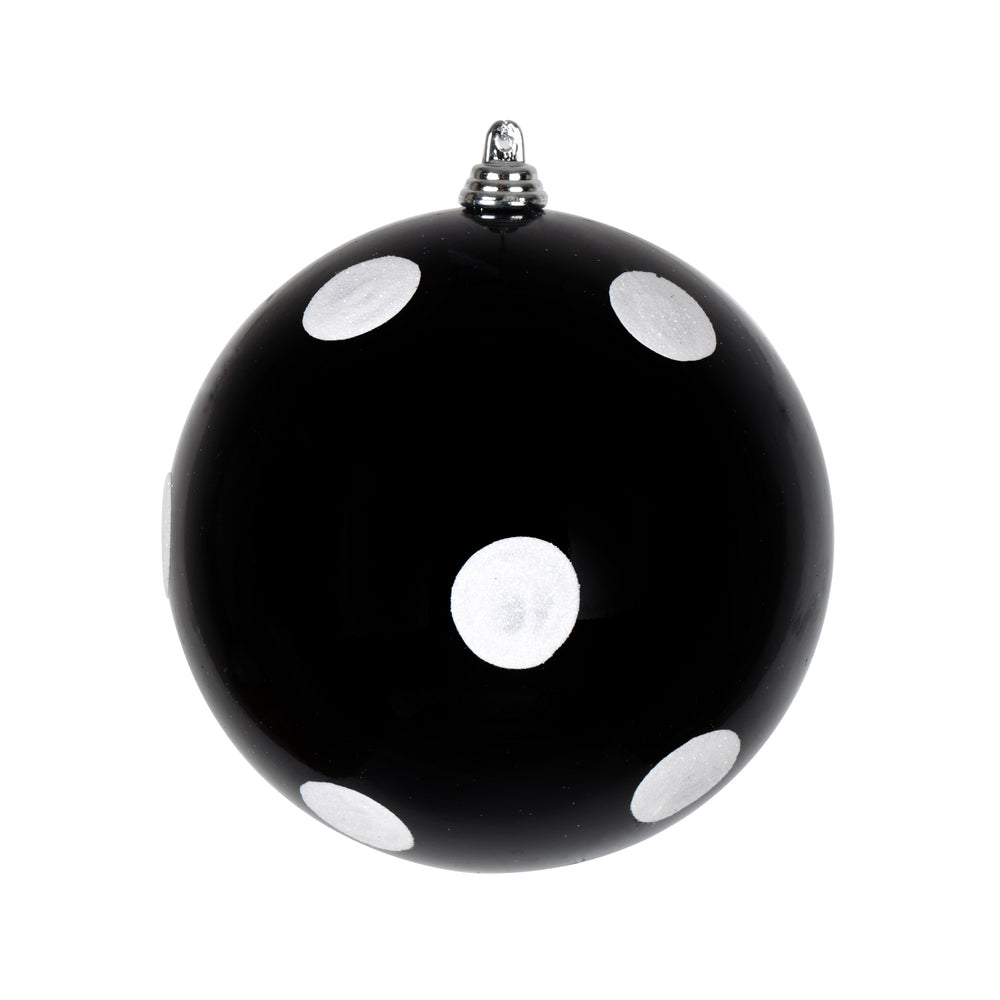 Vickerman 4.75" Black Candy FInish Ball Ornament with White Glitter Dots 4 per Bag