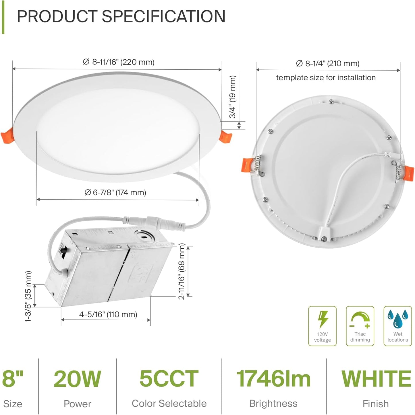 ASD Lighting LED Recessed Mini Panel Round 8inch 20W 120V Triac 2700/3000/3500/4000/5000K White UL Energy Star