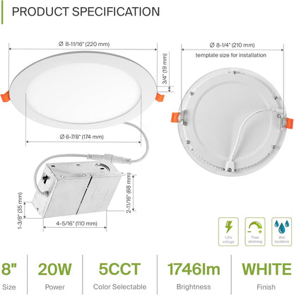 ASD Lighting LED Recessed Mini Panel Round 8inch 20W 120V Triac 2700/3000/3500/4000/5000K White UL Energy Star