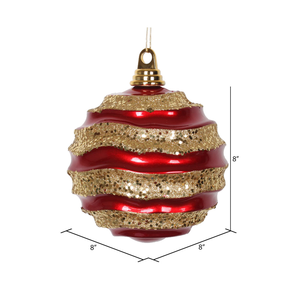 Vickerman 8' Red and Gold Stripe Candy Finish Wave Ball Christmas Ornament with Glitter Accents